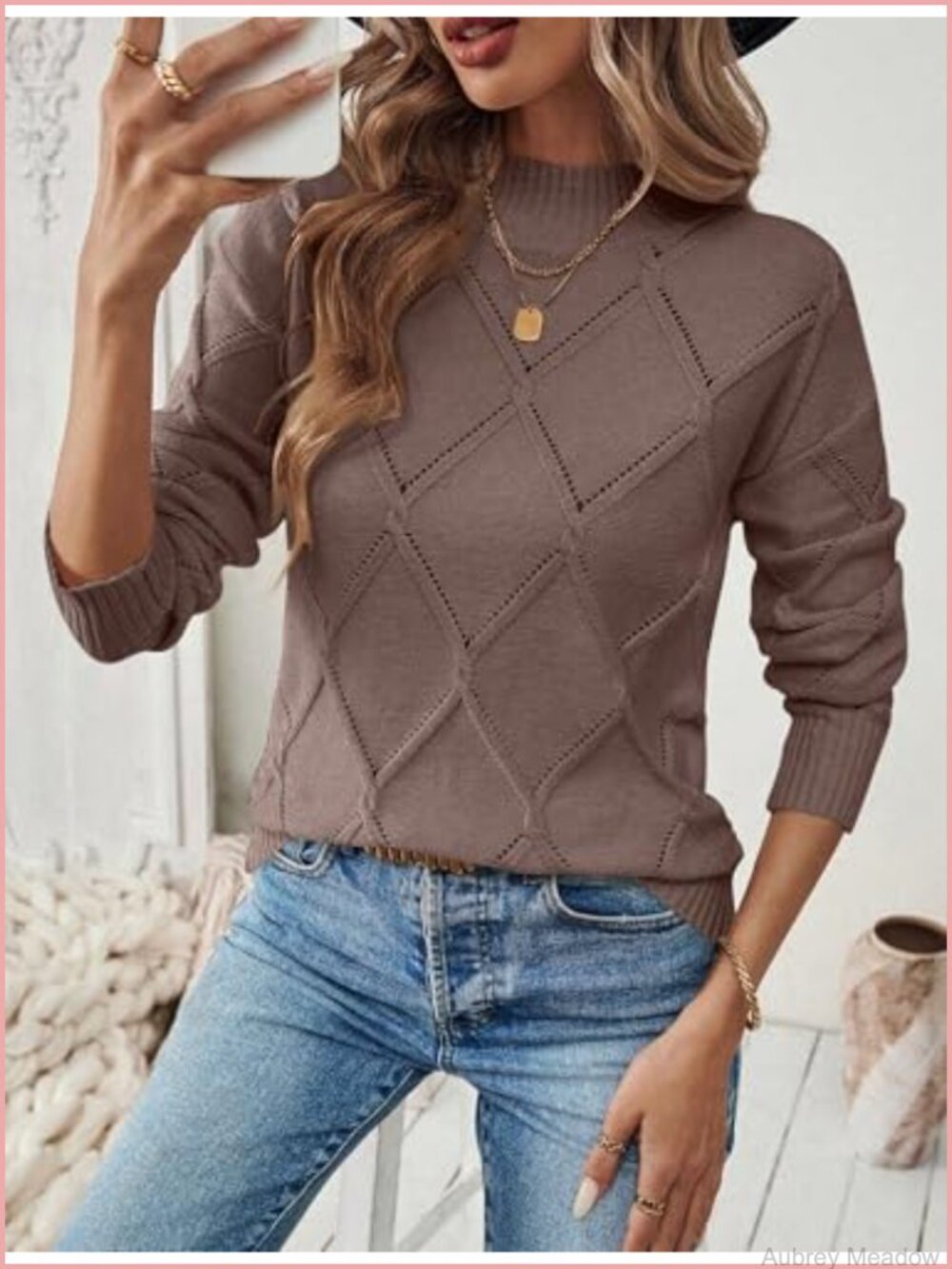 Women's Sweater Loose Fit Crew Neck Hollow Out Knit Long Sleeve Pullover - Picture 4 of 6